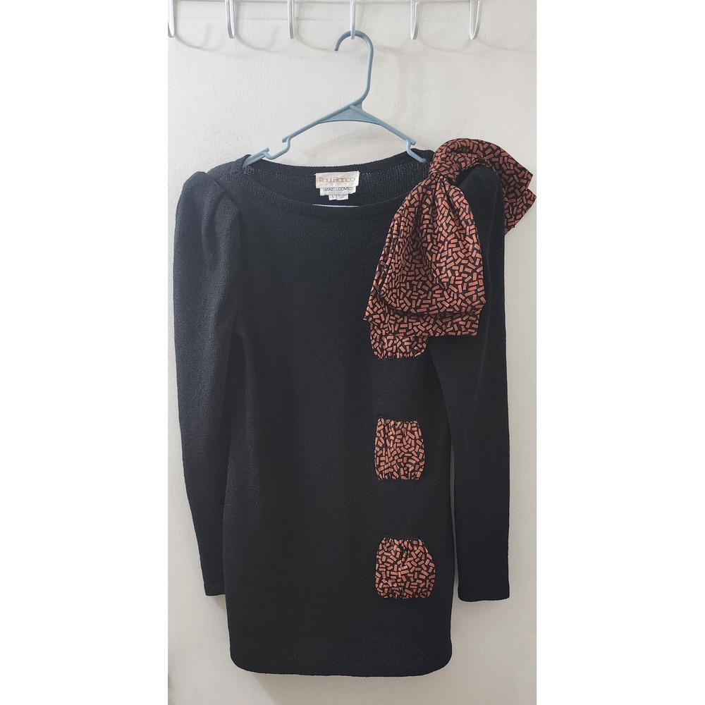 Raul Blanco Vintage Hand Loomed Knit Dress Black Rust Bow Accent Size 4